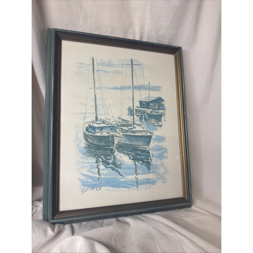 VTG A.K. Bilder Signed Framed 1964 Harbor Boats Print Coastal Nautical Sea Teal